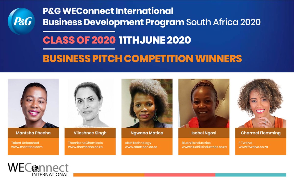 WEConnect_SA's tweet photo. Congratulations the #Top5 #WomenOwned businesses who were part of the 
@PGSouthAfrica
 Women Entrepreneurial Business Development Programme and won the #BusinessPitch competition, they walk away with exciting cash prizes to be invested back into their business! #ClassOf2020 https://t.co/XC9ZeXINTv