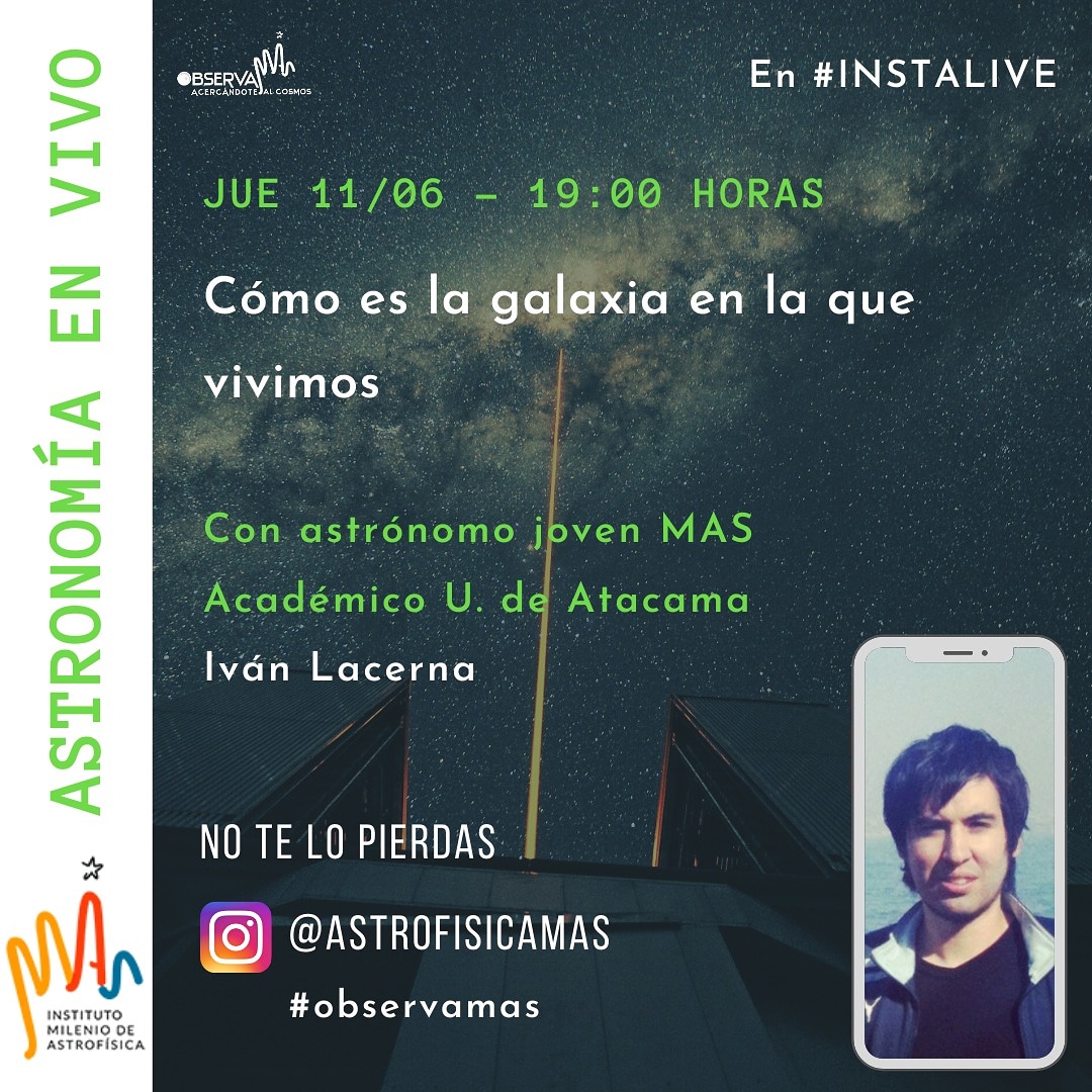 No lo olvides. Hoy nos reunimos con el académico de la <a href="/UAtacama/">Universidad de Atacama</a> e investigador de <a href="/astrofisicaMAS/">MAS</a> Iván Lacerna @synapse_kyo para hablar de nuestra casa! la #VíaLáctea. 
Te esperamos en nuestro Instagram a las 19:00
#AstronomíaEnVivo con #ObservaMAS