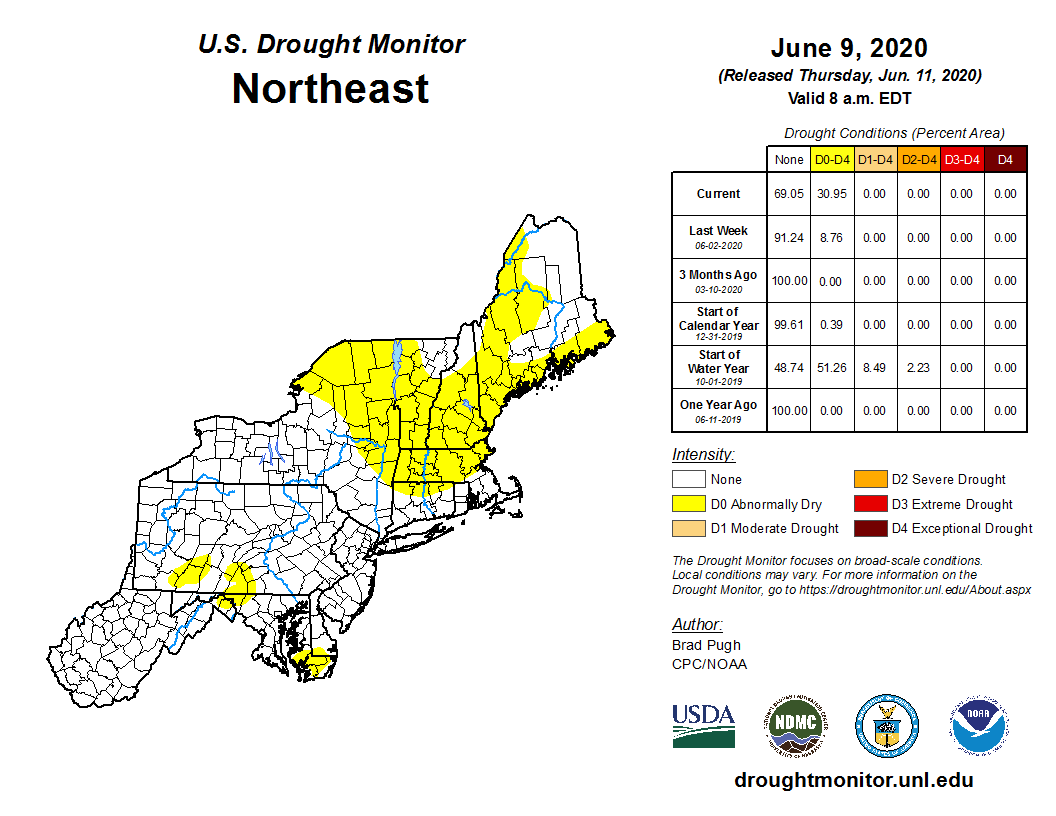 NOAANCEI's tweet photo. June 9: Abnormal dryness expanded across much of New England and was introduced in parts of Pennsylvania, Delaware, Maryland, and West Virginia. https://t.co/hs7rCpQMsY #DroughtMonitor #MEwx #MDwx #WVwx #VTwx #NYwx #PAwx #CTwx #DEwx #MEdrought #PAdrought #WVdrought #DEdrought https://t.co/xKNEHPeuCt