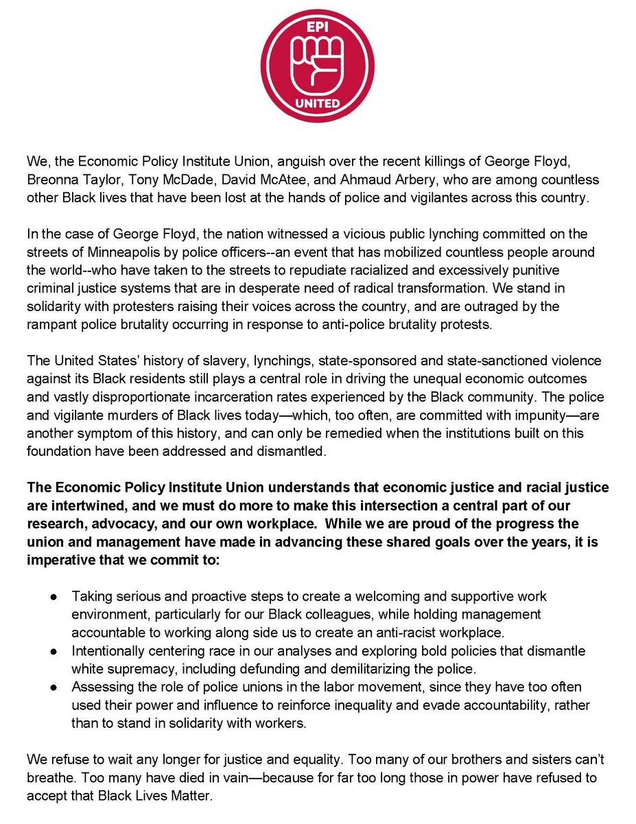 epiunited's tweet photo. Statement on the murder of George Floyd and anti-Black violence: The Economic Policy Institute Union understands that economic justice and racial justice are intertwined, and we must do more to make this intersection a central part of our research, advocacy, and our own workplace https://t.co/UH1xLj89qi