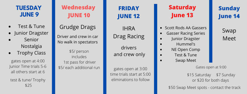 Join us for a weekend of drag racing and 2 day swap meet!