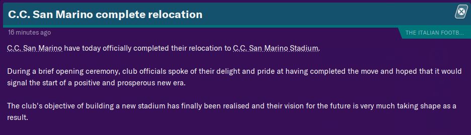 Time for San Marino to move into a bigger stadium. Upgraded from the old 5,500 capacity ground to a brand new 14,147 capacity stadium for our first season in the Champions League. Hopefully should increase our revenue a bit...  #FM20