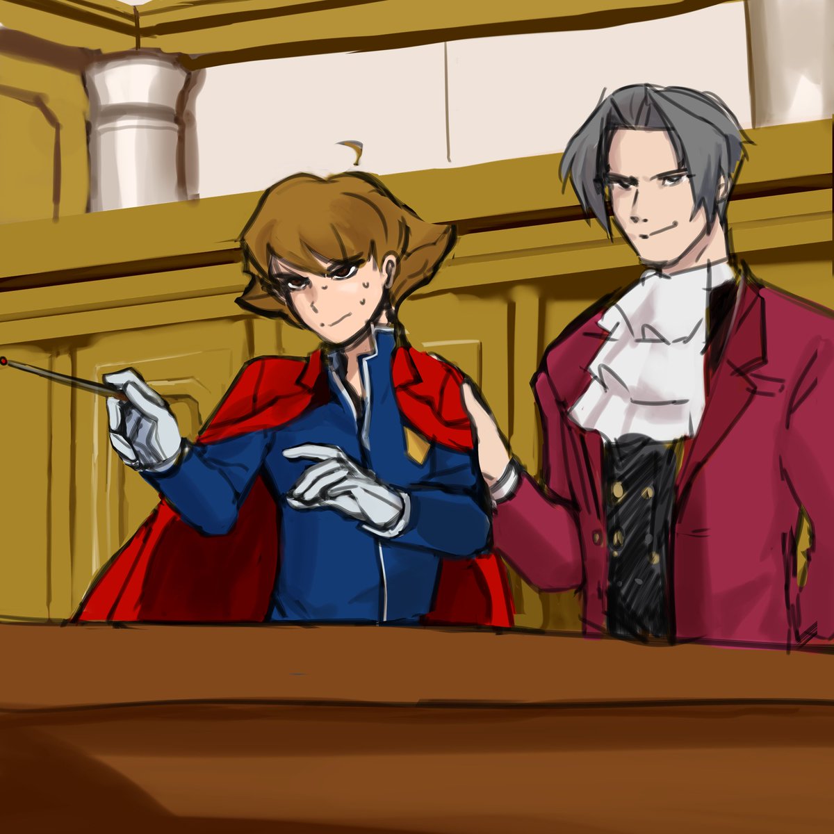 edgeworth taking seb under his wing,,,,,,,,,,,,    apprentices and mentors facing off......................     look i can dream............................

#aceattorney 