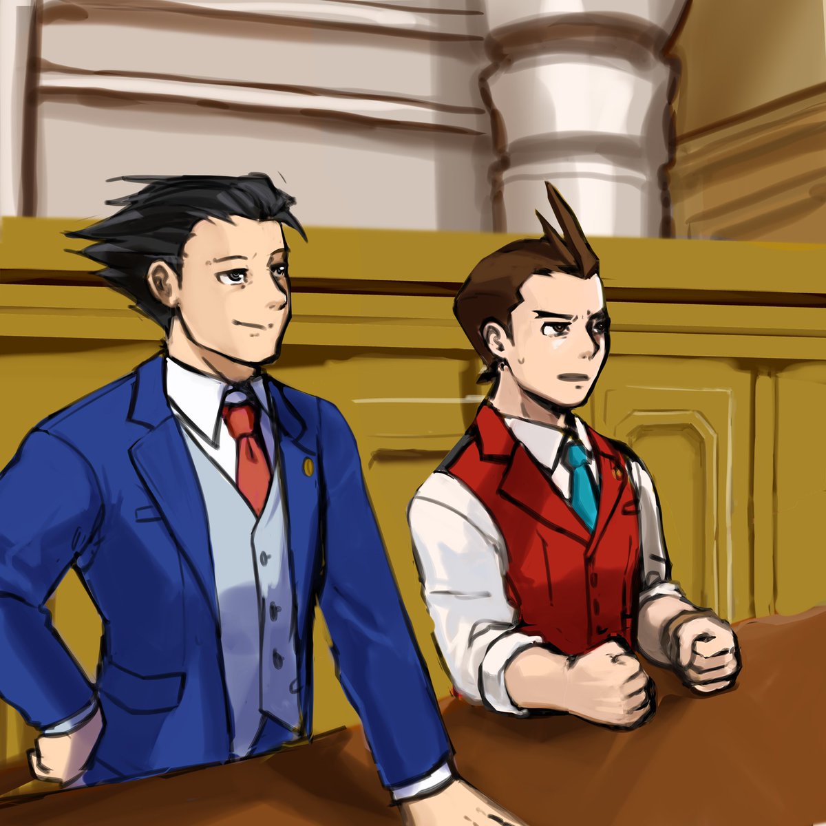 edgeworth taking seb under his wing,,,,,,,,,,,,    apprentices and mentors facing off......................     look i can dream............................

#aceattorney 