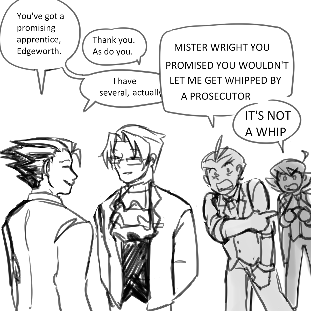edgeworth taking seb under his wing,,,,,,,,,,,,    apprentices and mentors facing off......................     look i can dream............................

#aceattorney 