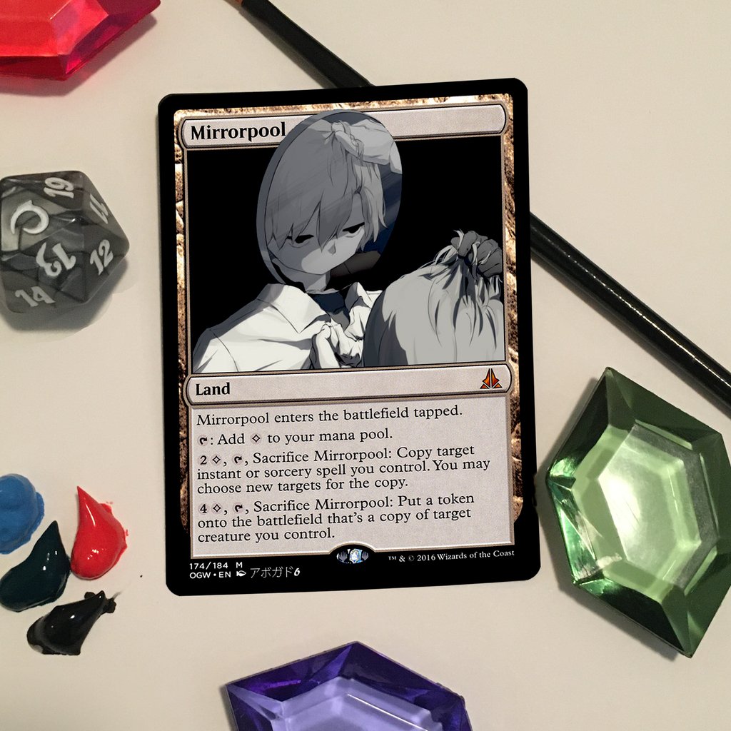 LakeMtg's tweet photo. I love mirror pool, It's very cool to have a extra copy of any creature and any spell in your land spot. I also love this art, it's common to see this type of drawing but the reflection is executed very well in this piece. https://t.co/M8vqa5mFl6