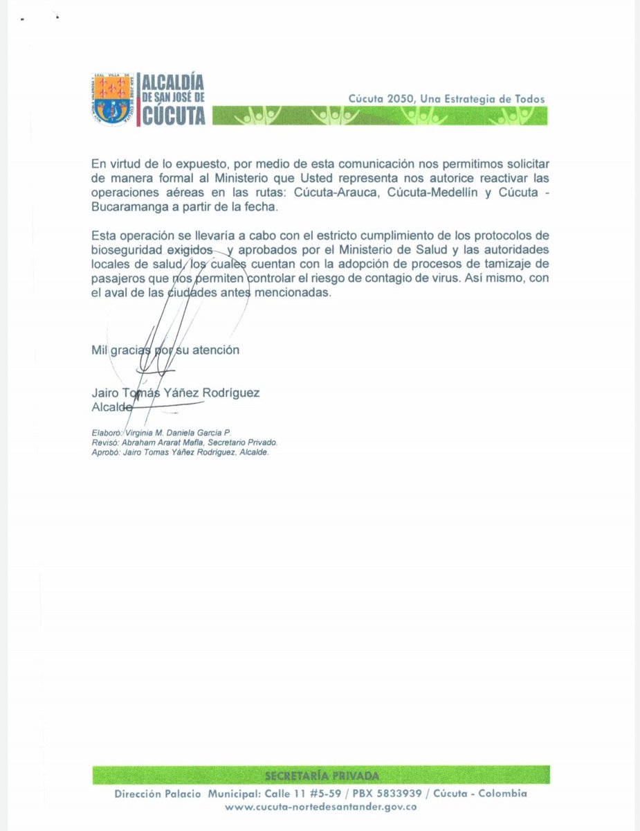 Solicitamos a <a href="/MinInterior/">MinInterior Colombia</a>, <a href="/MinTransporteCo/">MinTransporte</a>, <a href="/MinSaludCol/">MinSalud Colombia 🇨🇴</a> y a la Aeronáutica Civil, incluir a nuestra ciudad en el plan piloto de reactivación de vuelos domésticos entre Cúcuta, Arauca, Medellín y Bucaramanga, promoviendo a Cúcuta como un territorio bioseguro.