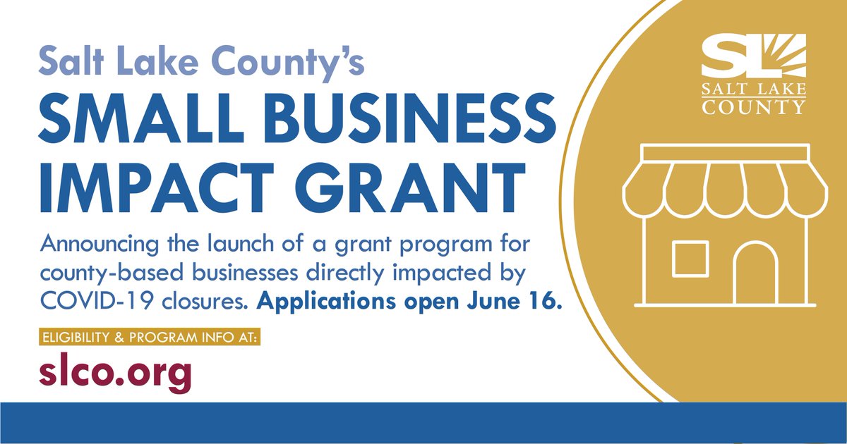 SLCoRegionalDev's tweet photo. The Small Business Impact Grant was just announced. A $40 million program with grants up to $35,000 for Salt Lake County small businesses impacted by COVID-19 public health orders. APPLICATIONS OPEN JUNE 16TH, review eligibility &amp; application details at https://t.co/pvvxd6RuK3 https://t.co/P8xMuEjB1e