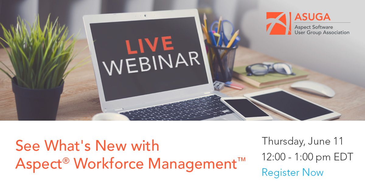 EvanKirstel's tweet photo. Join @AspectSoftware TODAY to see What’s New w/ Aspect®Workforce Management™!Learn about exciting new features on the latest ASUGA Webinar at 12:00pm EDT. Plus, get a sneak peek at what will be available later this year and 2021. #ASUGA #cx #webinar #WFM https://t.co/N5oFbo5Of7 https://t.co/y2kFIcmiUv