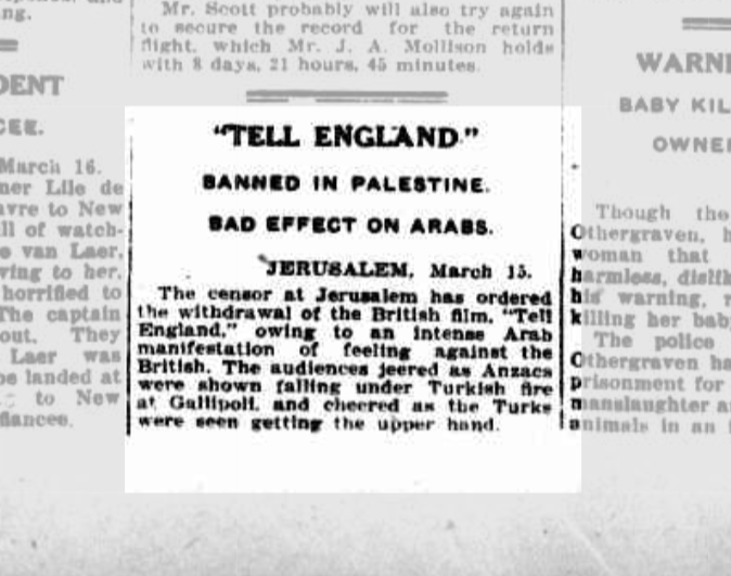 kitap_vekultur's tweet photo. 17 Mart 1932: Tell England filminin Kudüs'teki gösteriminde Çanakkale savaşı sırasında bir Türk askerinin bir Anzak askerini vurduğu sahnede Arap izleyicilerin ayağa kalkıp alkışlaması üzerinde film sansüre uğradı ve gösterimden kaldırıldı. https://t.co/lqjMm6Q2jj