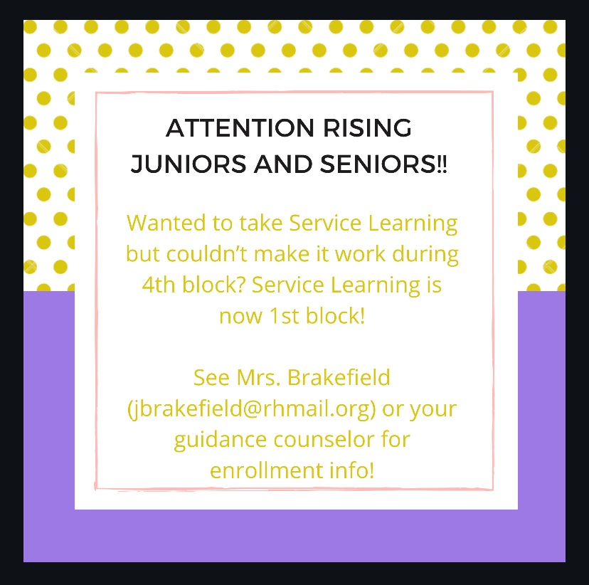 Rising Juniors &amp; Seniors, Service Learning is now 1st block! See Mrs. Brakefield or anyone in <a href="/Guidance_NHS/">NHS Trojans School Counseling Department</a> for enrollment info!