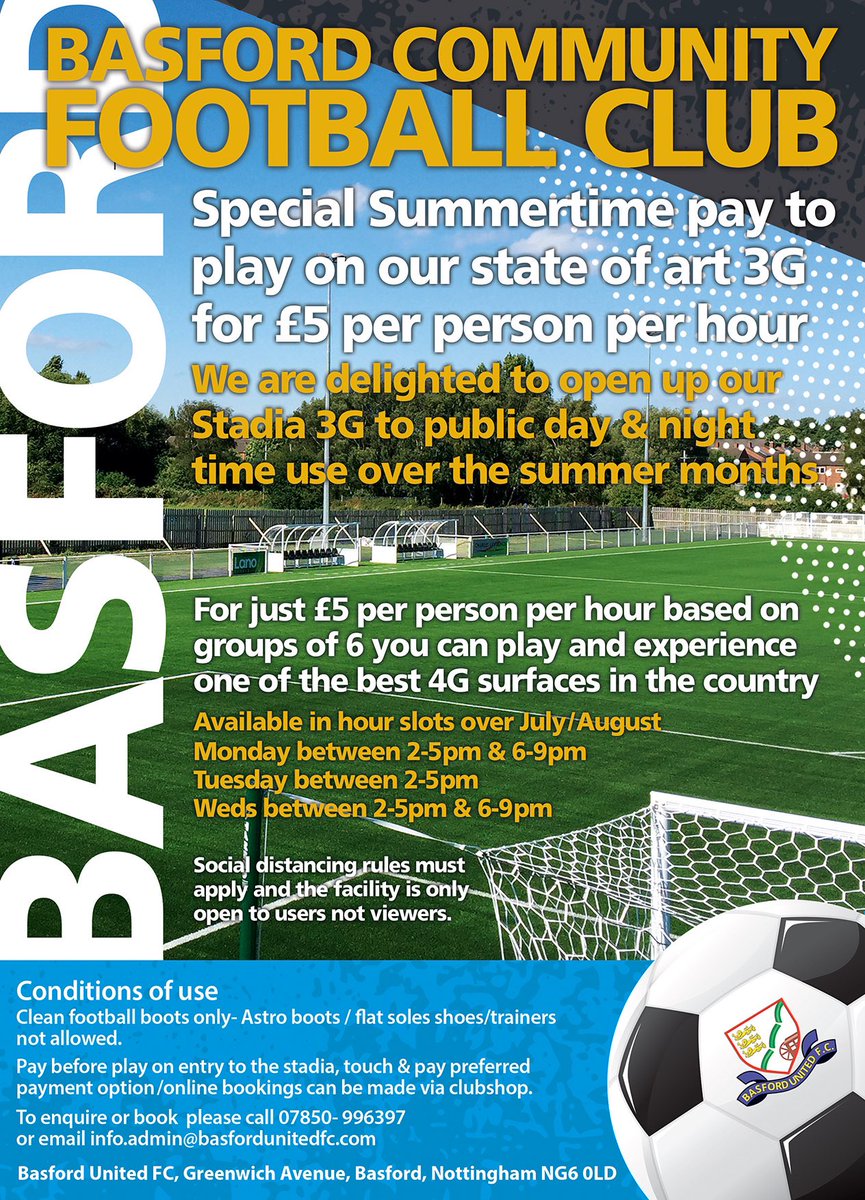 FcBasford's tweet photo. We are getting ready to open our ground again &amp; have a great offer for all members of the public. Pay £5 per person then a group of 6 of you can play on our superb @Basfordutdfc 3G for an hour in Jul/Aug Open to all Pros/Semi pros, Vets,Adults,Youth,Juniors ,Girls/Boys @NottsFA https://t.co/P1gVUuaJ08