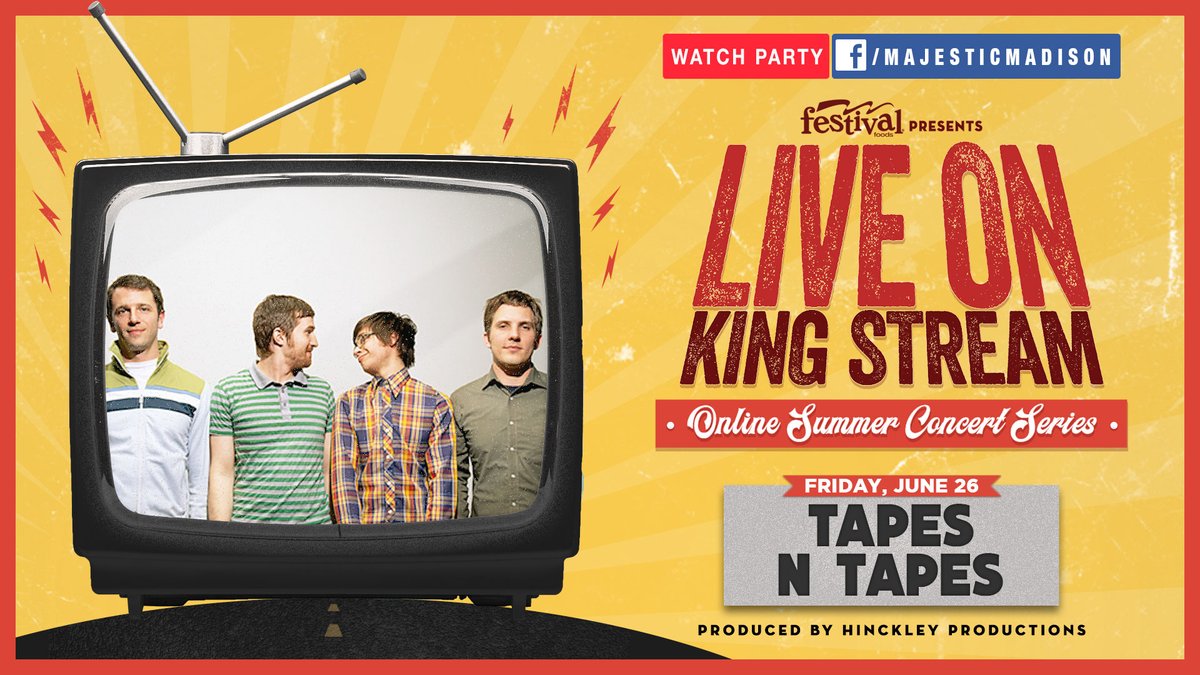 𝐋𝐈𝐕𝐄 𝐒𝐓𝐑𝐄𝐀𝐌 𝐓𝐎𝐍𝐈𝐆𝐇𝐓 | Live on King Stream is back tonight with <a href="/tapesntapes/">Tapes 'n Tapes</a> at 8pm! This stream is FREE, but, if you're able to, we encourage you to make a donation to <a href="/BGCDC/">Boys & Girls Clubs of Dane County</a> (Boys &amp; Girls Clubs of Dane County). Get more details here: bit.ly/lokstream