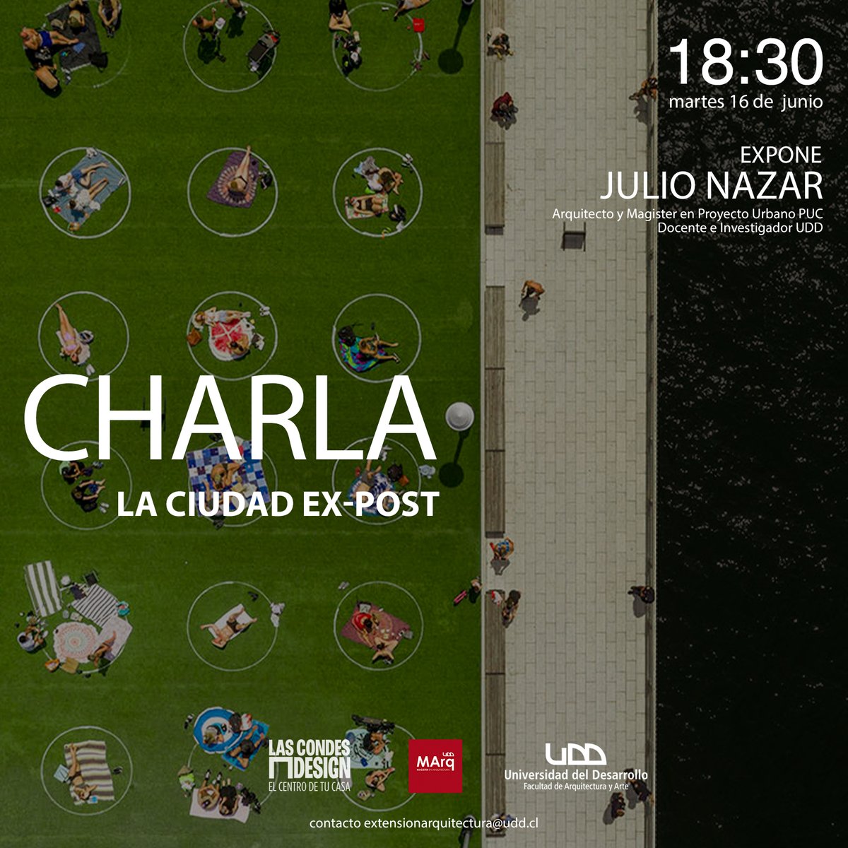 [CHARLA] <a href="/JulioNazarM/">Julio Nazar</a> reflexionará acerca de la ciudad que (re) construiremos después del 18-O y después de la Pandemia, analizando nuevas expresiones del quehacer urbano para la próxima década.

16.06/18:30
Inscripción extensionarquitectura@udd.cl

<a href="/lascondesdesign/">LasCondesDesign</a> <a href="/UDD_cl/">UDD</a>