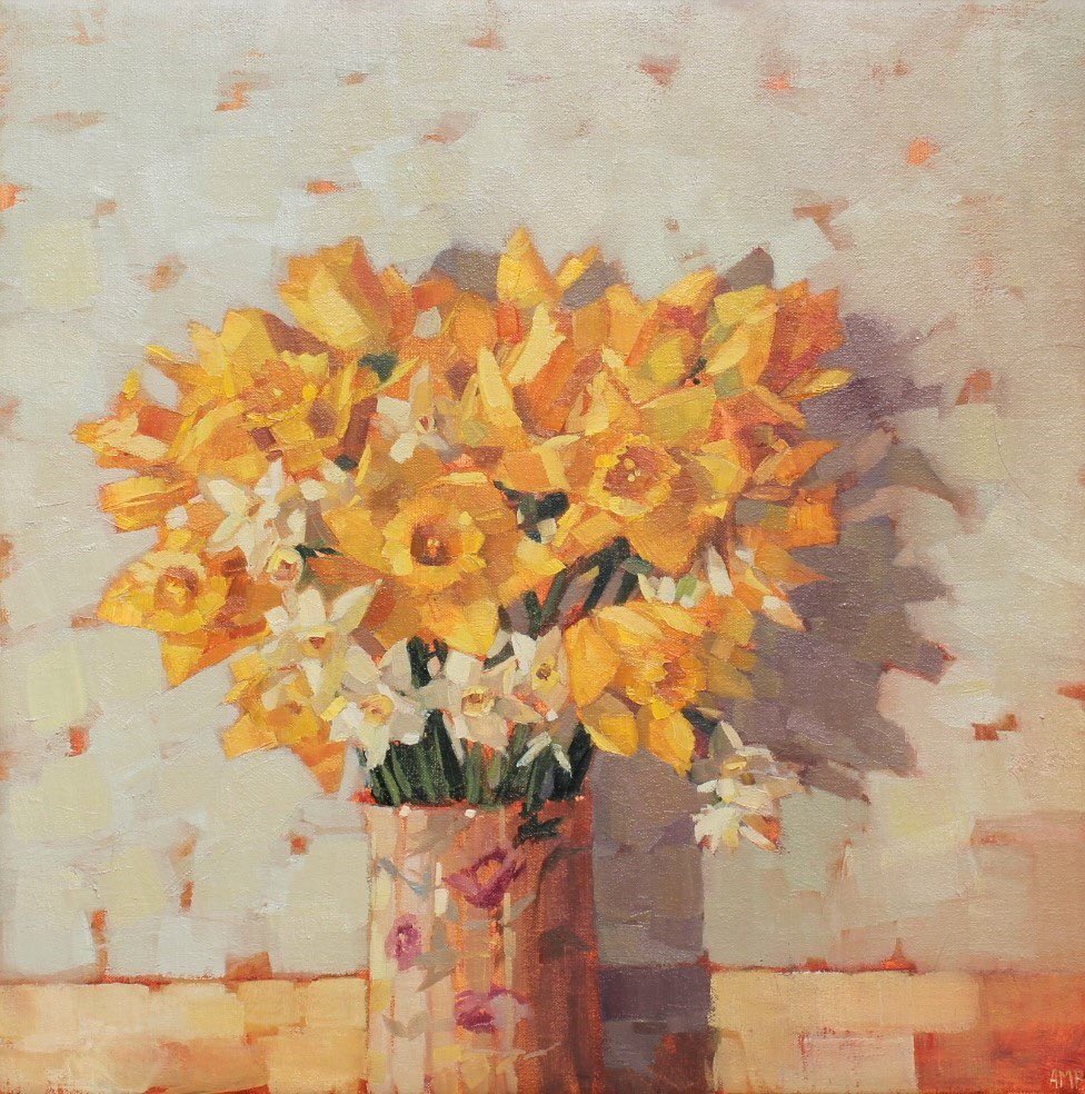 butlin_a's tweet photo. I’ve had this painting on my wall for a few days and I’m really enjoying the big pop of golden yellow- especially on a grey day like today. Daffodils &amp; Narcissus will be in my solo exhibition @thackeraygallery from 7th July. #yellowflowers #Flowers #yellow #floral #soloexhibition https://t.co/c1DHEq4Ixk