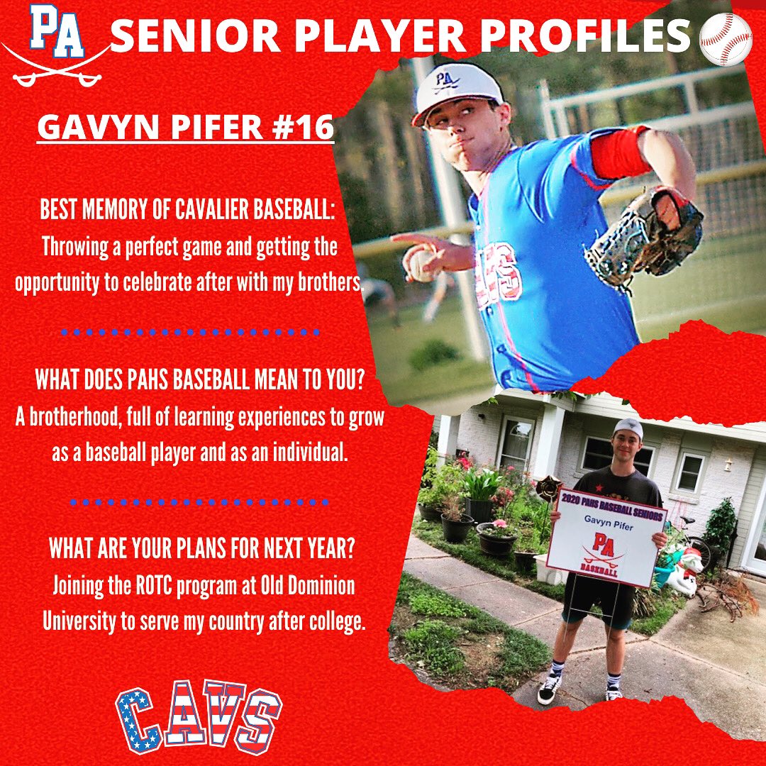 PACavsBaseball's tweet photo. June has been designated the "Month of the VBCPS Graduate" so we will be honoring our 9 Cavalier Baseball Club seniors in social posts throughout the month!
Congrats to Gavyn Pifer #16. ROTC at ODU is lucky to have you joining their ranks! #cavalierbaseball #pahsbaseball https://t.co/FSZWfixqjh