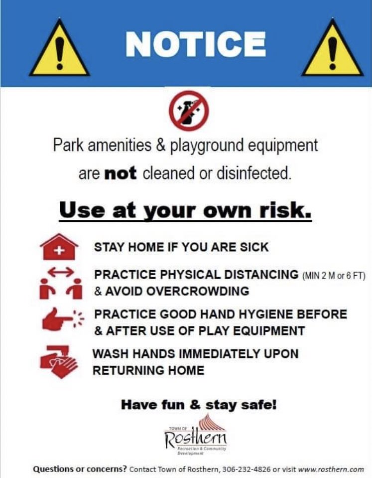 Rosthern Centennial Park and Palmer Stone Toddler Park will re-open on Friday, June 12th. Please continue to follow all Public Health Orders. 
#COVID19 #COVID19SK