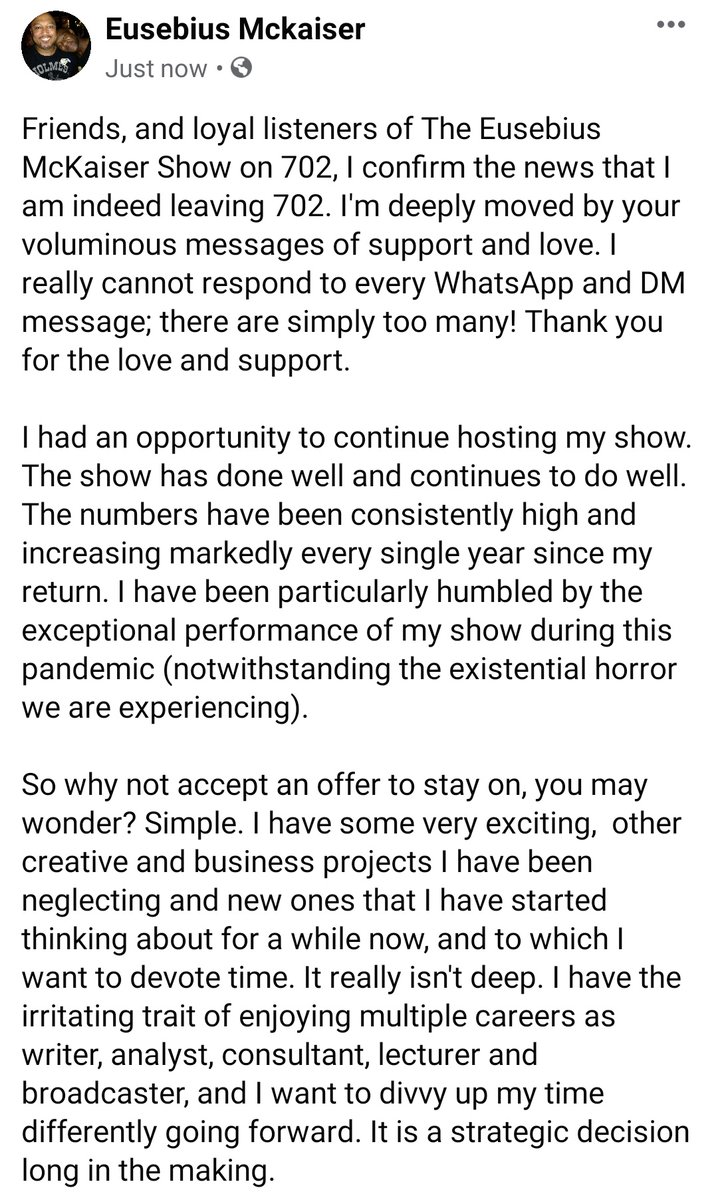 Eusebius's tweet photo. Wow. I took an afternoon nap and woke up to tons of your messages of love and support. I am leaving @Radio702 indeed. Last show next Friday 19th June. Here's my statement below. Chat to you on #702OpenLine at 9am tomorrow as per usual. 👊👇 https://t.co/WFx5YnIz2R