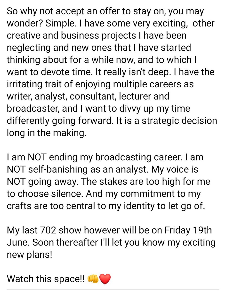 Eusebius's tweet photo. Wow. I took an afternoon nap and woke up to tons of your messages of love and support. I am leaving @Radio702 indeed. Last show next Friday 19th June. Here's my statement below. Chat to you on #702OpenLine at 9am tomorrow as per usual. 👊👇 https://t.co/WFx5YnIz2R