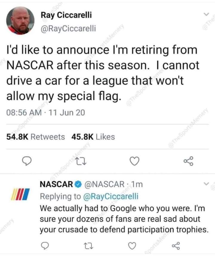 Stop_Trump20's tweet image. Click on the image to see what NASCAR replied to him 😂😂😂😂😂😂😂😂😂😂