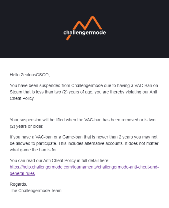 RZN_Zealous's tweet photo. @Challengermode I guess winning against a Team that is friends with an Admin is the way to win Tournaments on your site?? No VAC on any of my two Steam Accounts and my Account gets locked for no Reason and we withdraw from the tournament after we win against @Team666 https://t.co/rstifQ7DuI