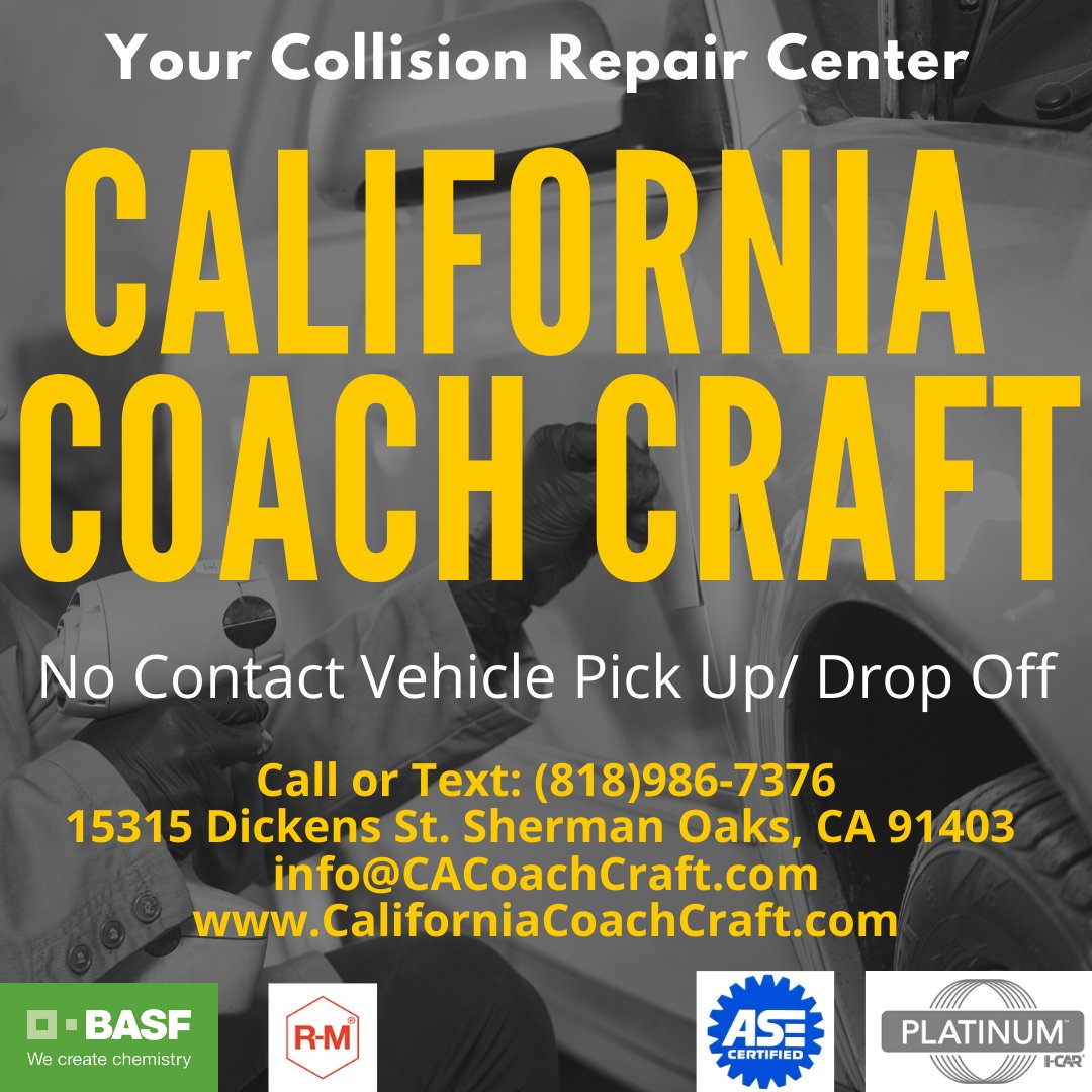 CACoachCraft's tweet photo. #CaliforniaCoachCraft is providing estimates via text, email and FaceTime. We have vehicle pick up &amp; drop off services and 24/7 Towing! Stop putting off those repairs Call or text (818)986-7376 or email info@CACoachCraft.com #ThursdayMotivation #ShermanOaks #LosAngeles https://t.co/0XqKIPgwTc