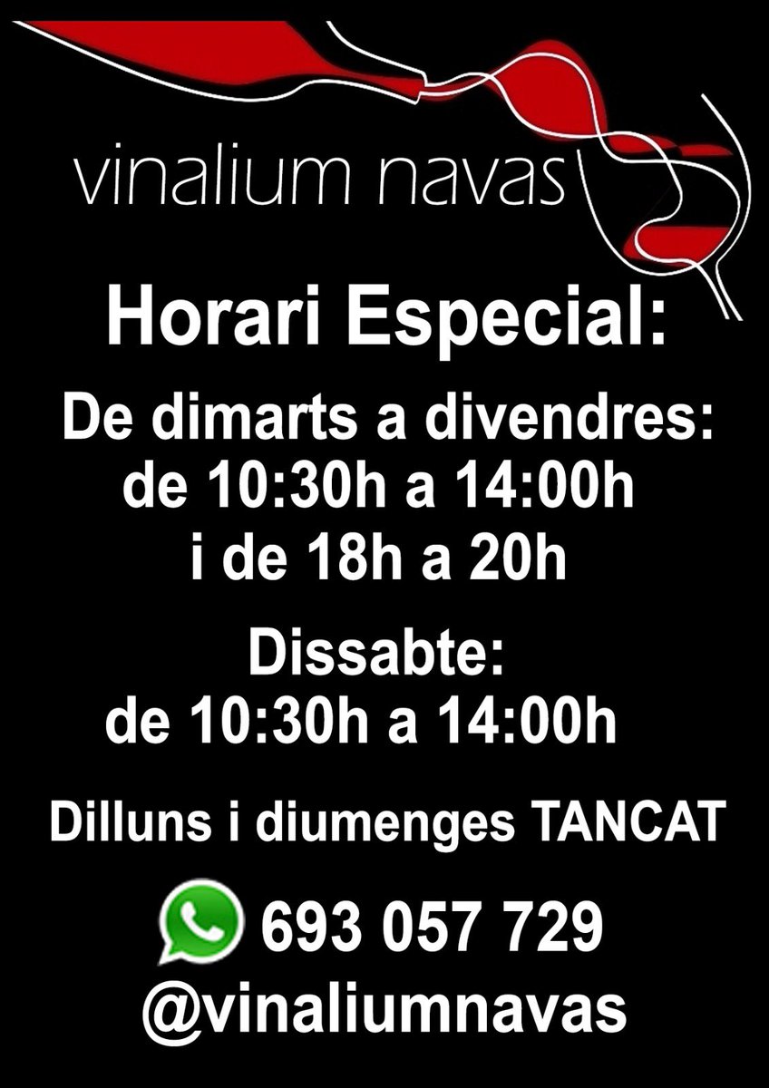 vinaliumnavas's tweet photo. NOU HORARI ‼️
🍷🍷🍷
També podeu fer comandes a través de whatsapp o via telefònica i es fan repartiments a domicili. 🛵
.
#vinaliumnavas #vinalium #barrinavas #LoveBcn #Bcn #Barcelona #navas #botigadebarri #botiguesdebarri #botiguesdebarcelona #comerçbcn https://t.co/79WIOmIKcK