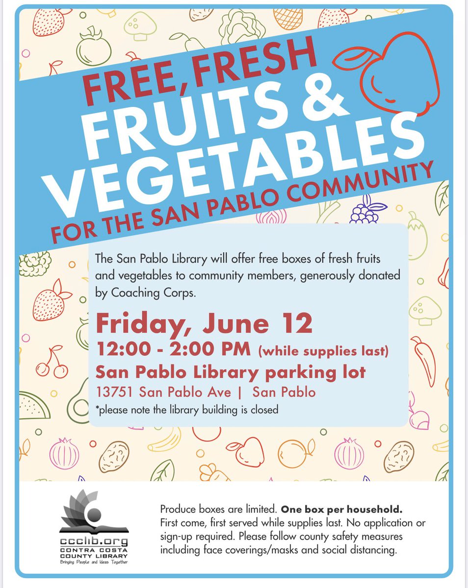 Free food! Contra Costa County Library 🍏🍎🍓🥝🥬 <a href="/CCCounty/">Contra Costa County</a> <a href="/contracostalib/">Contra Costa County Library</a> <a href="/ContraCostaEHSD/">Contra Costa EHSD</a> <a href="/CoCoHealth/">Contra Costa Health</a> <a href="/supejohngioia/">John Gioia</a> <a href="/CityofSanPablo/">City of San Pablo</a>