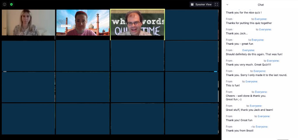 Video conferencing call with multiple callers taking part in what3words quiz. Faces and names blanked out for security purposes.