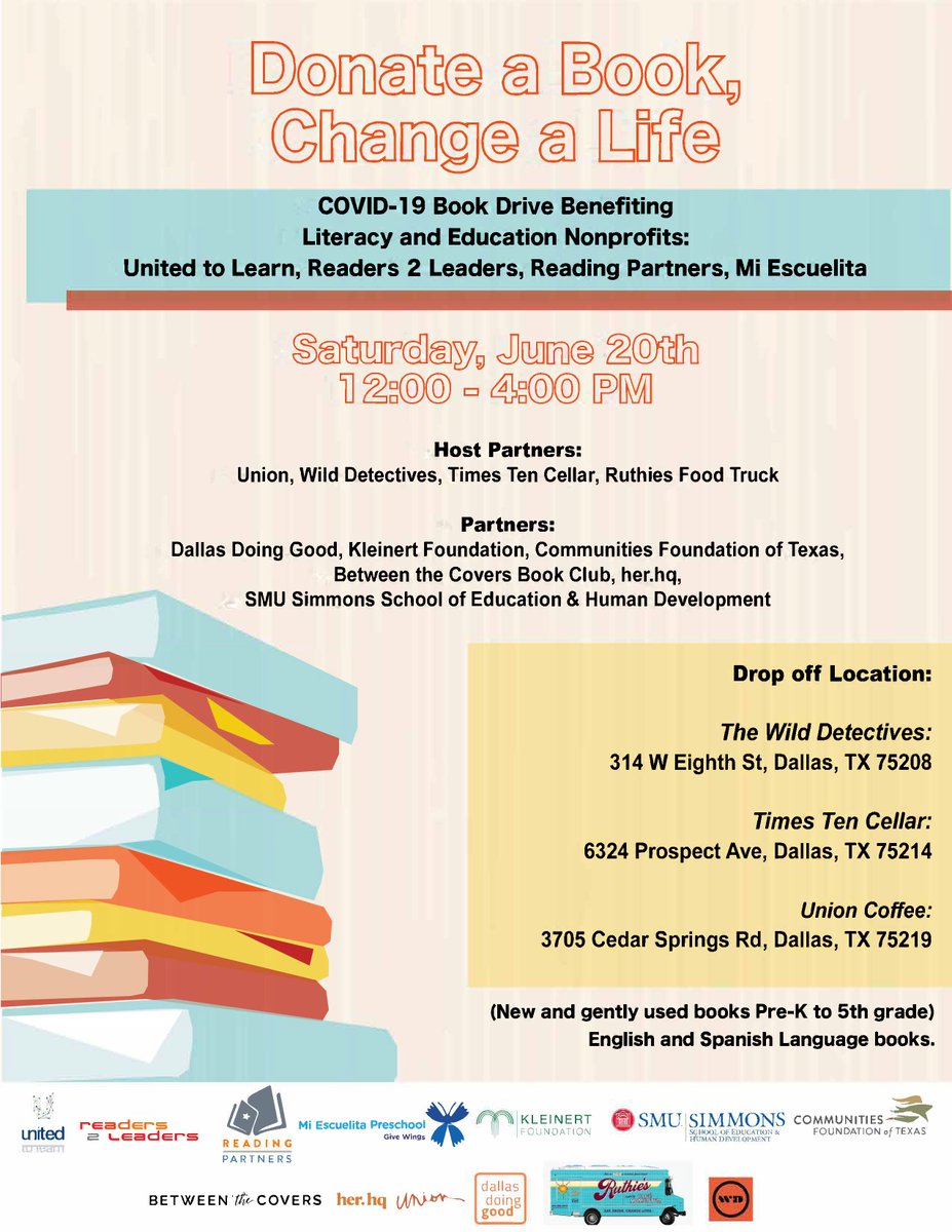 SMUDRCM's tweet photo. On June 20th, we invite the Dallas community to support families in need of children’s books during the COVID-19 outbreak through a city-wide book drive. Come by any of the drop-off locations to drop off books (PreK-5th grade, English, and Spanish). https://t.co/OLgtsMYZaK
