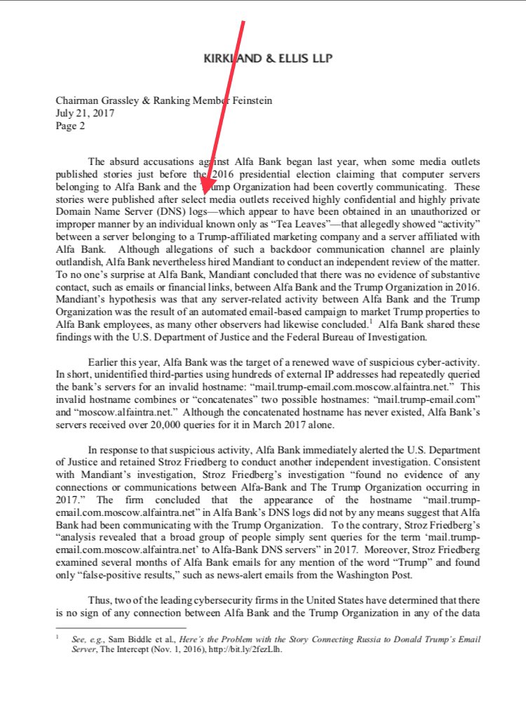 "These stories were published after select media outlets received highly confidential and highly private DNS logs, which appear to have been obtained in an unauthorized or improper manner by an individual known only as Tea Leaves"Viet Dinh (7/21/2017) https://assets.documentcloud.org/documents/3899717/Benczkowksi-Alfa-Bank.pdf
