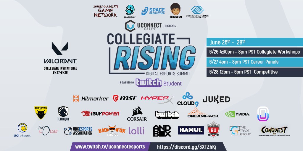 We're incredibly honored and excited to bring you the biggest Collegiate Rising yet! With 11 panels, and speakers from some of the biggest brands in gaming.

Join us June 26-28th on:
Discord: discord.gg/3XTZhKj
Twitch: twitch.tv/uconnectesports
Twitter: x.com/UconnectEvents