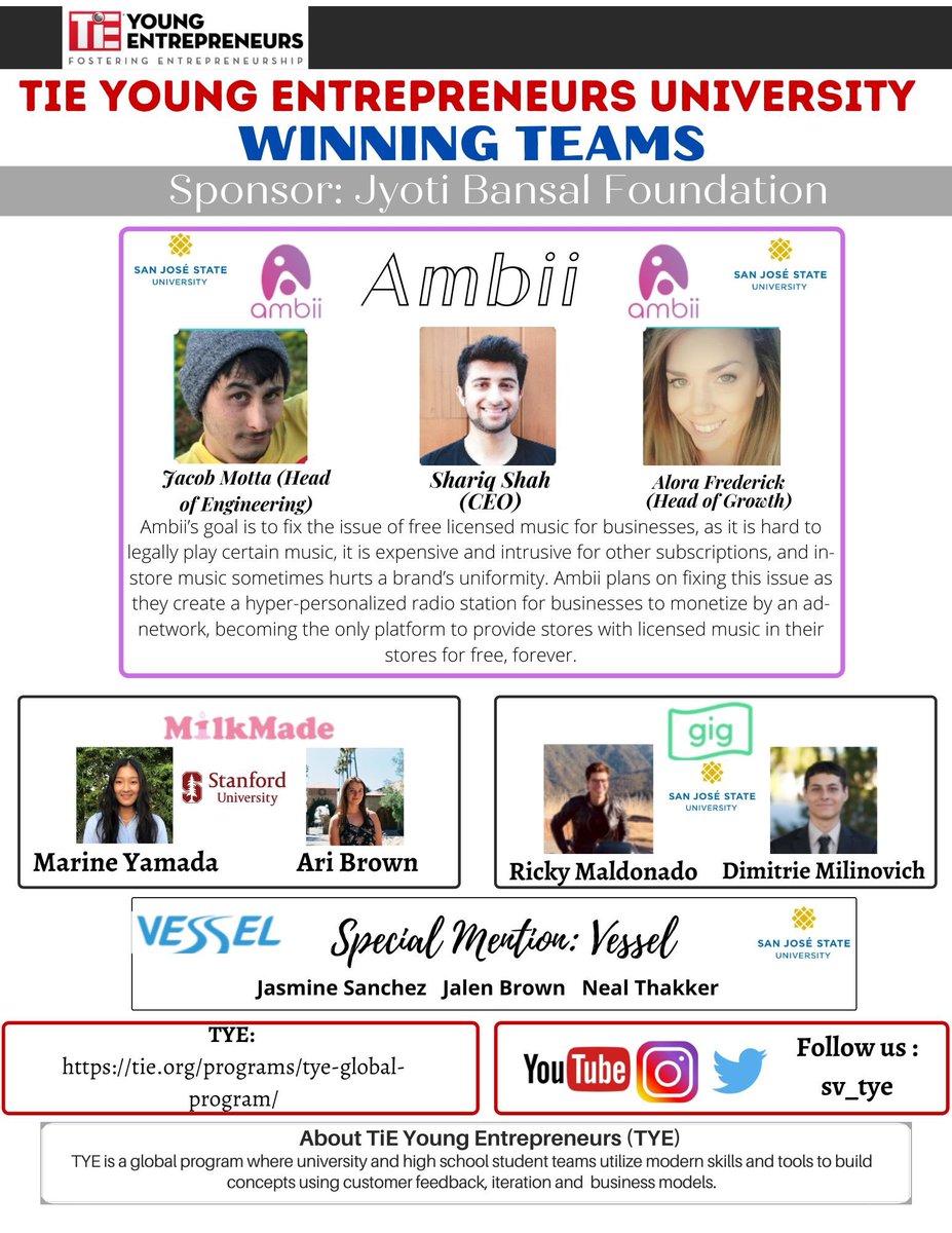 sv_tye's tweet photo. Congratulations to the winners of the TiE University Local Pitch Competition! Thank you to our mentors, judges, MCs, program team and sponsor. This would not have been possible without you all! https://t.co/3KVMZCOb5s