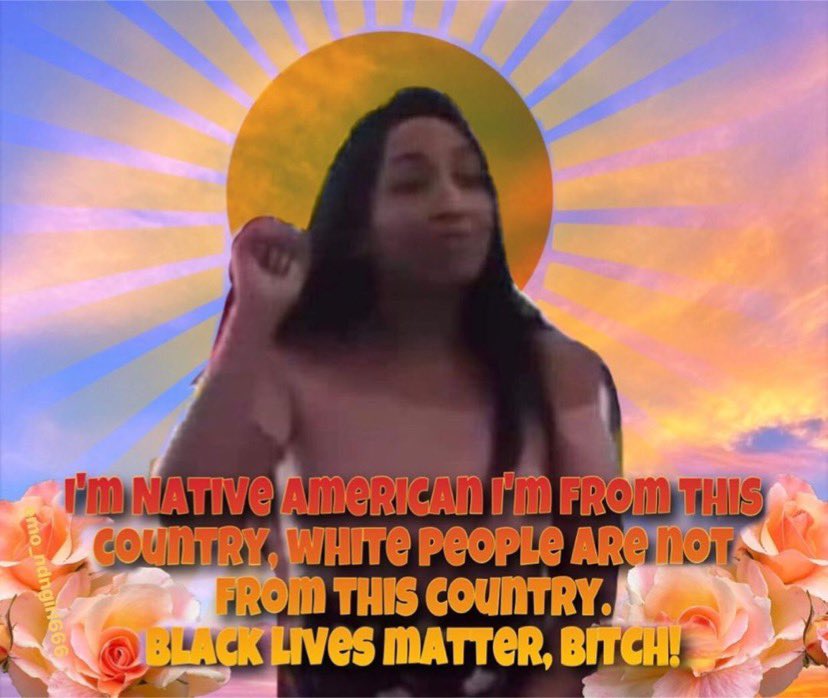 IIYCfamily's tweet photo. capturing the ferocity of #NativeWomen resisting white supremacy like 👏🏽⁣
We love &amp; support you #KarinaRodriguez!
Patron saint of #AuntieSkoden going off on a Karen gone feral at a gas station mart. 
⁣⁣
#NativeMemes #caucasity #RESIST #Indigenous #BlackLivesMatter https://t.co/haaOJwHq6Z