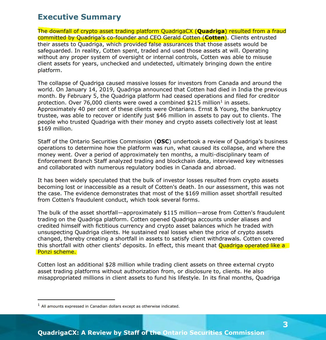 The Ontario Securities Commission <a href="/OSC_News/">OSC News</a> calls #QuadrigaCX a fraud &amp; #Ponzi scheme in their post-mortem of the failed #crypto exchange

Report: osc.gov.on.ca/quadrigacxrepo…
1/