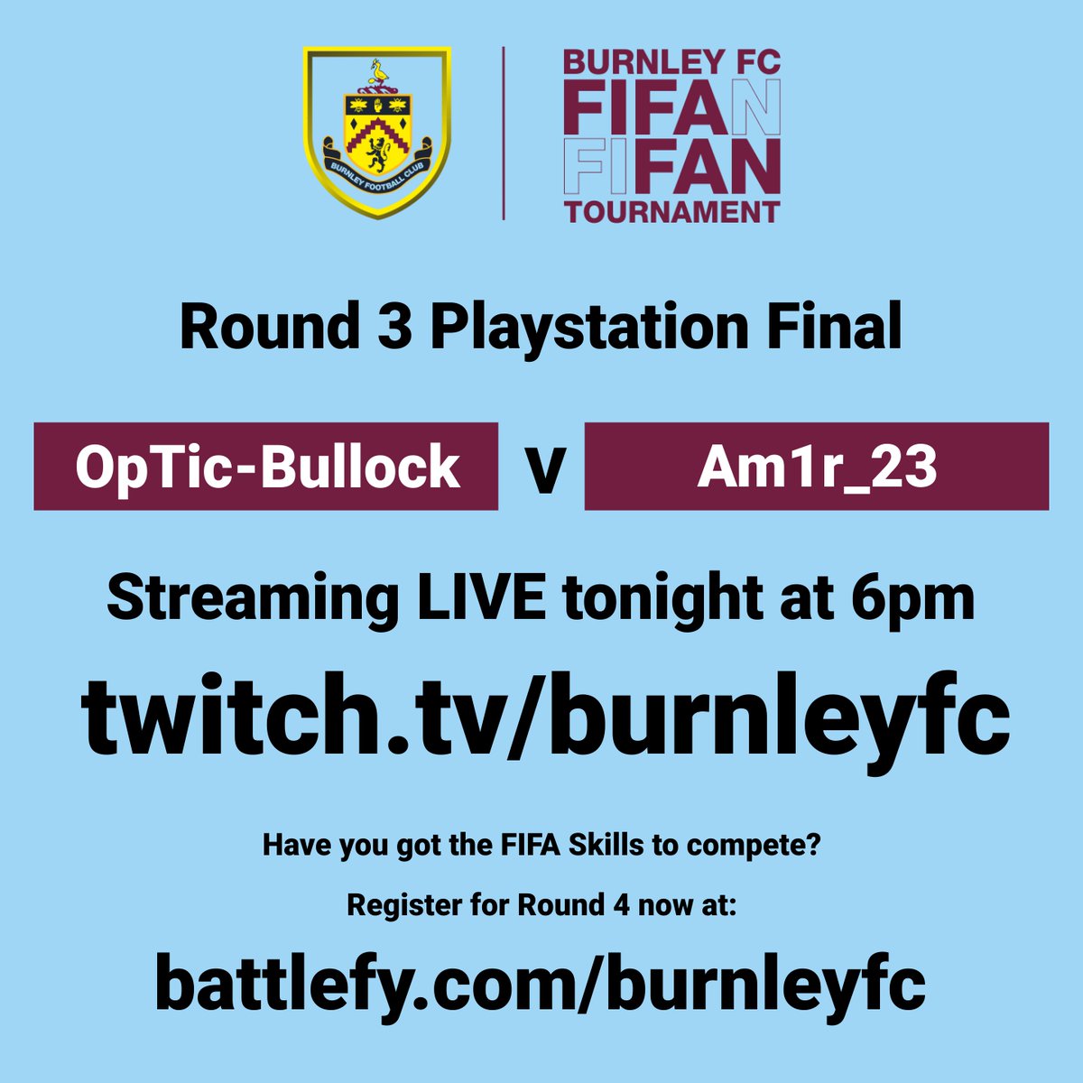 BurnleyOffical's tweet photo. ESPORTS | Watch round 3 of the PS4 final in our EA SPORTS FIFA Fan Tournament ⚽

Stream live tonight at 6pm ⬇️
https://t.co/tlJUXUJvk0

Have you got FIFA skills? or know someone who has? Register now!
🎮➡️ https://t.co/nfV4P0UsCd https://t.co/eYkgXV3Tx2