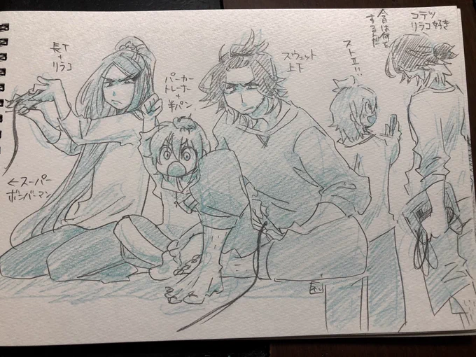 無言でゴイゴイ上げたこのシリーズ、男士の戦闘も内番も仕事の服な訳でしてソレとは別に普段着はユルユル適当なの着てたら嬉しいなって描きまくったやつでした。

ウチ本丸の非番の皆はこんな感じです。 