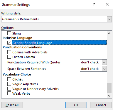The "Gender-Specific Language" option in Outlook.