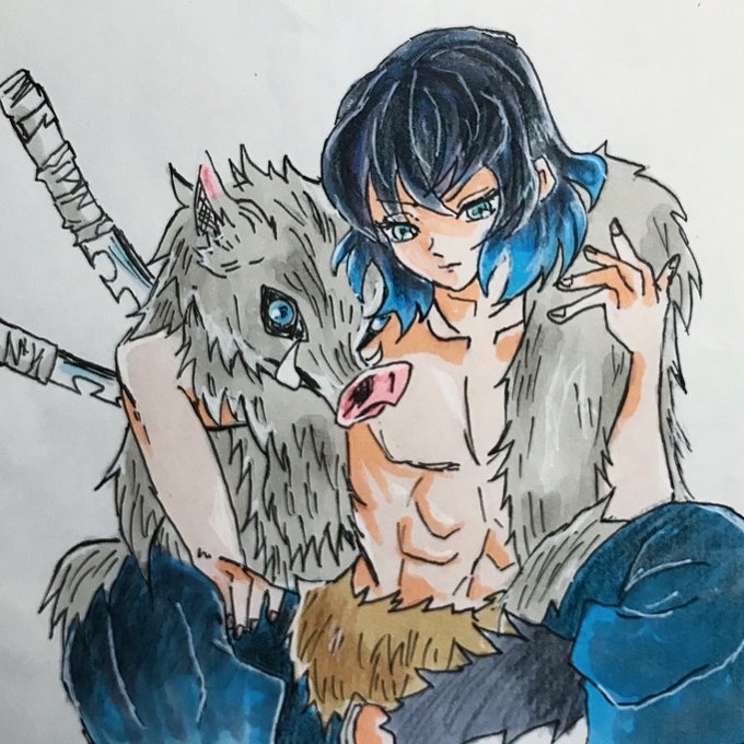 ぼたんさんがTwitterに投稿した嘴平伊之助(鬼滅の刃)のイラスト。