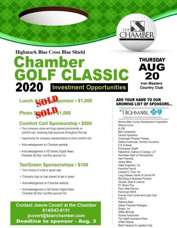 Don't miss your chance to add your name to our growing list of sponsors for the Highmark/Chamber Golf Classic. For more information, contact Jessie Covert at the Chamber, 943-8151.