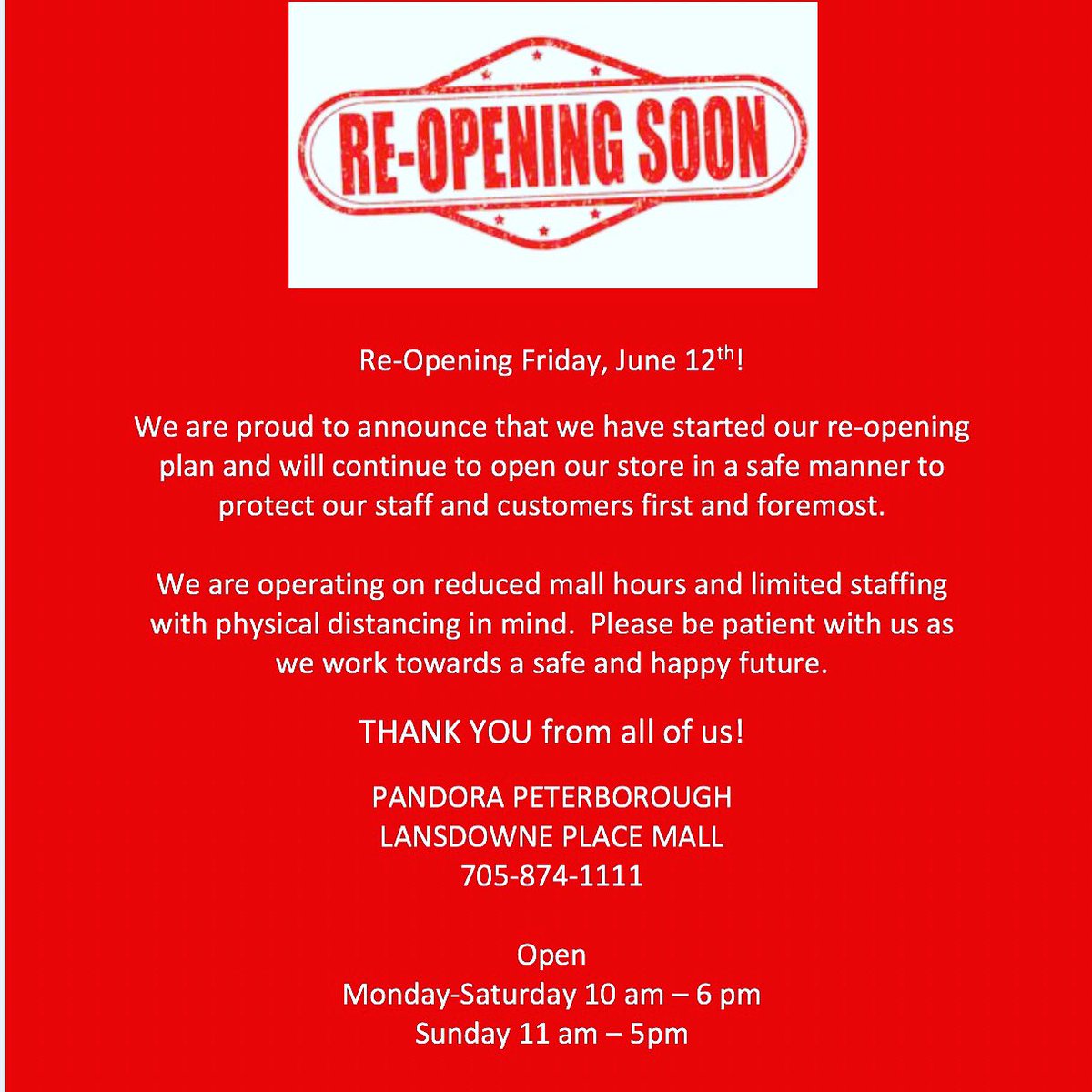 PANDORAptbo's tweet photo. We are excited to see you all as Pandora Peterborough will be re-opening tomorrow, Friday, June 12th, under new hours 10am-6pm Monday - Saturday and 11am-5pm Sunday. #staysafe #thankyou #ptbo #newstorehours https://t.co/SLB3HShwo1