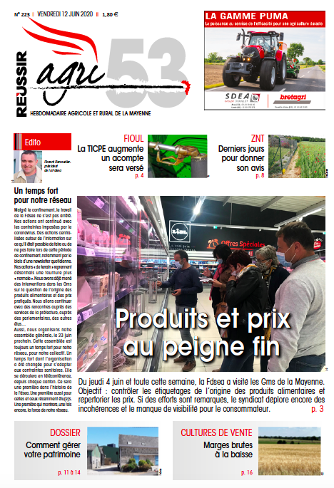 Agri_53's tweet photo. Demain dans @Agri53 : contrôles #prix et #origine produits #alimentaires dans #GMS : @CarrefourFrance @Leclerc_MEL @lidlfrance en @Mayenne. Dossier spécial Gestion du #patrimoine ; #ZNT : derniers jours pour donner votre avis @ChambagriPdL ; #Fioul ↗️ #TIPCE... https://t.co/ksSqvjEEUr