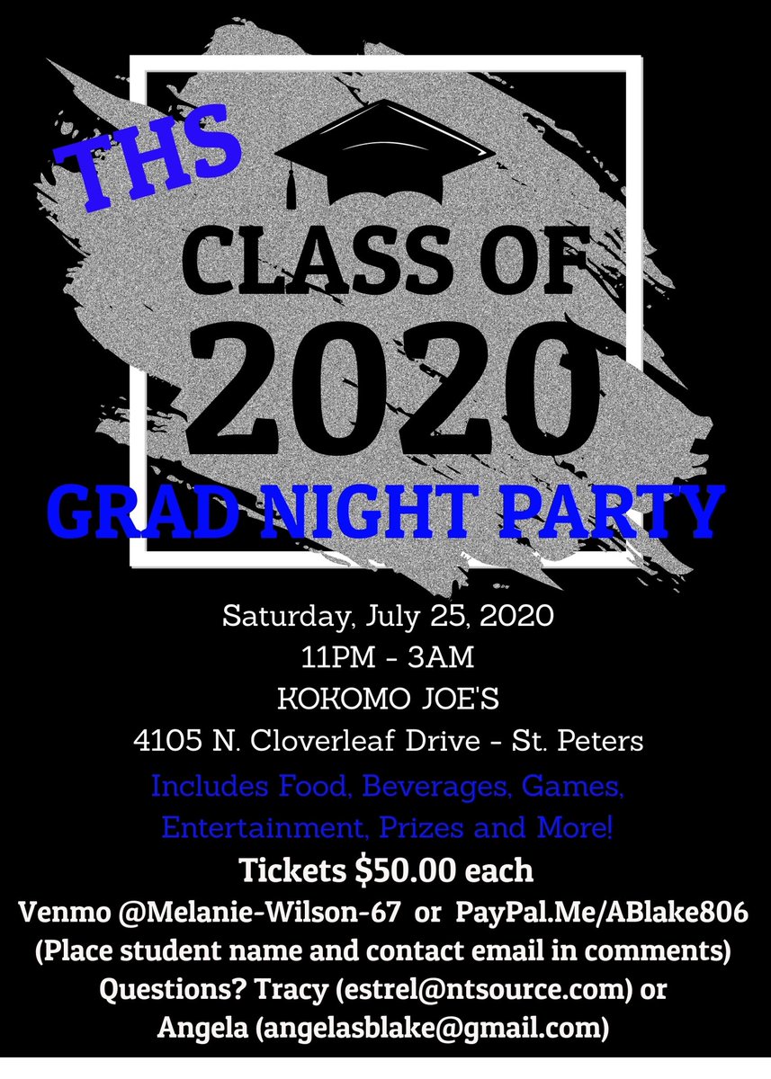 TGrad2020's tweet photo. GRAD NIGHT PARTY IS STILL ON!!!  Get your tickets soon!  We have rescheduled grad night for Saturday, July 25th at Kokomo Joes from 11pm-3am. Below are the details how to order your tickets. https://t.co/LBpv3DKyyK