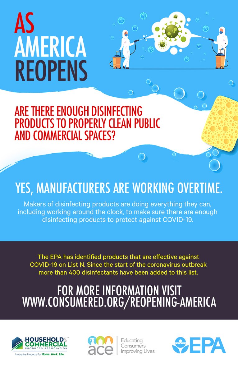 Manufacturers are working overtime to make sure there are enough disinfecting products to protect against #COVID19. For more information, visit consumered.org/reopening-amer…