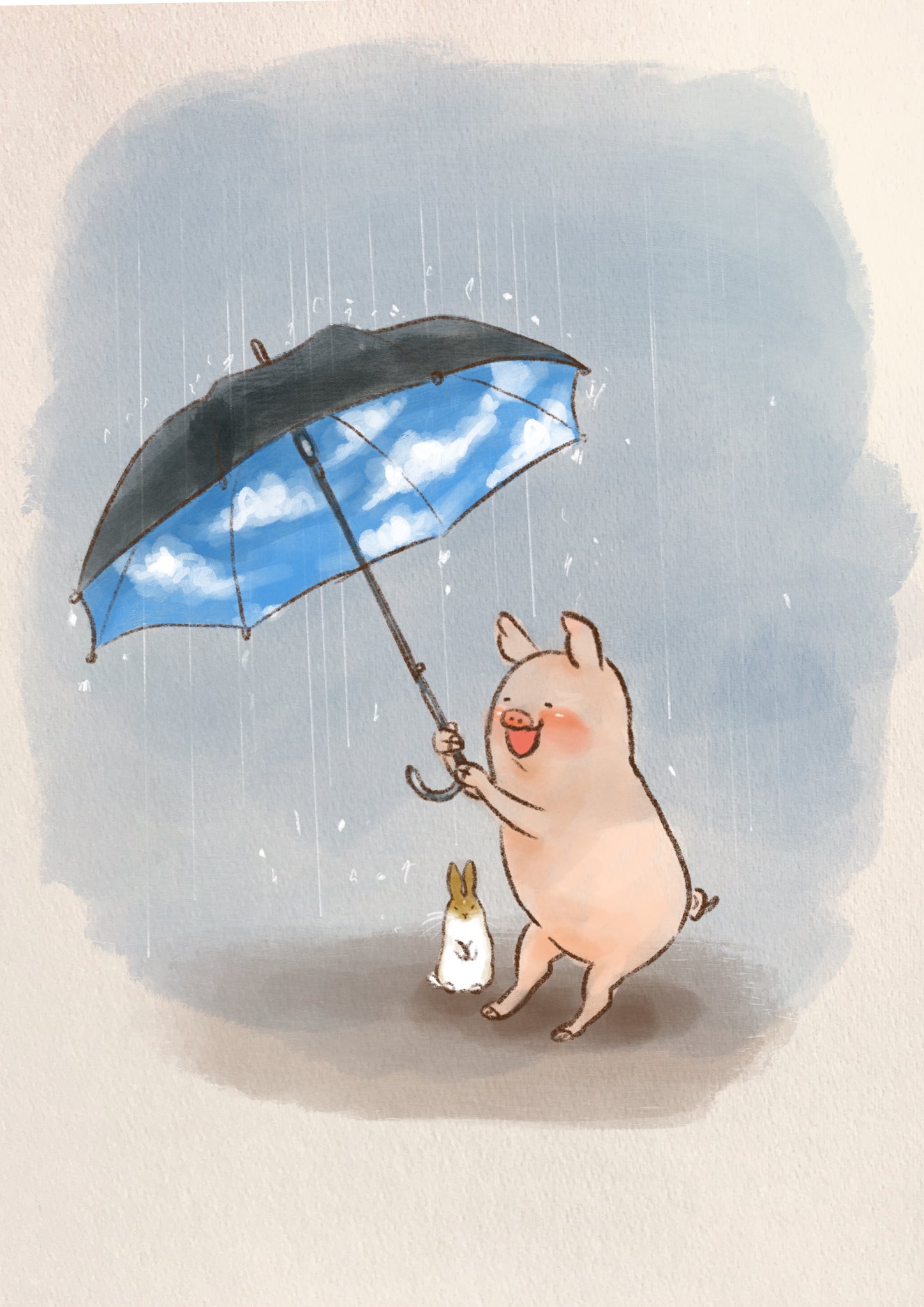 𝓐𝓻𝓽𝓻𝓲𝓮𝓵アトリエル Rie Nakatani 最近ウサギ飼いはじめました A Twitter ぬれちゃうよ もうすこしこっち 何年か前にこの傘欲しかったこと思い出した ほんとは 雨の日に外歩くのは大嫌いなので こんな傘さしてれば 少しは楽しいかなぁって 梅雨 傘の日
