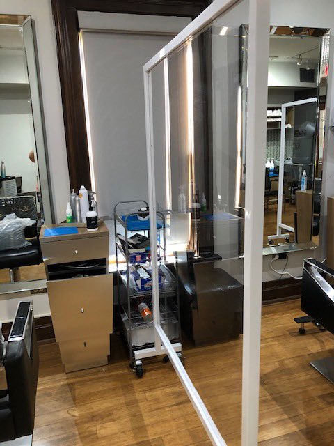 pragernuform's tweet photo. Our freestanding #safetydivider as shown at @monevahairstudio in Mississauga. A great, rolling solution to keep staff and clients safe in an enclosed space #covid19 #safetyfirst #salon #storefixtures https://t.co/zLzrp90mPC