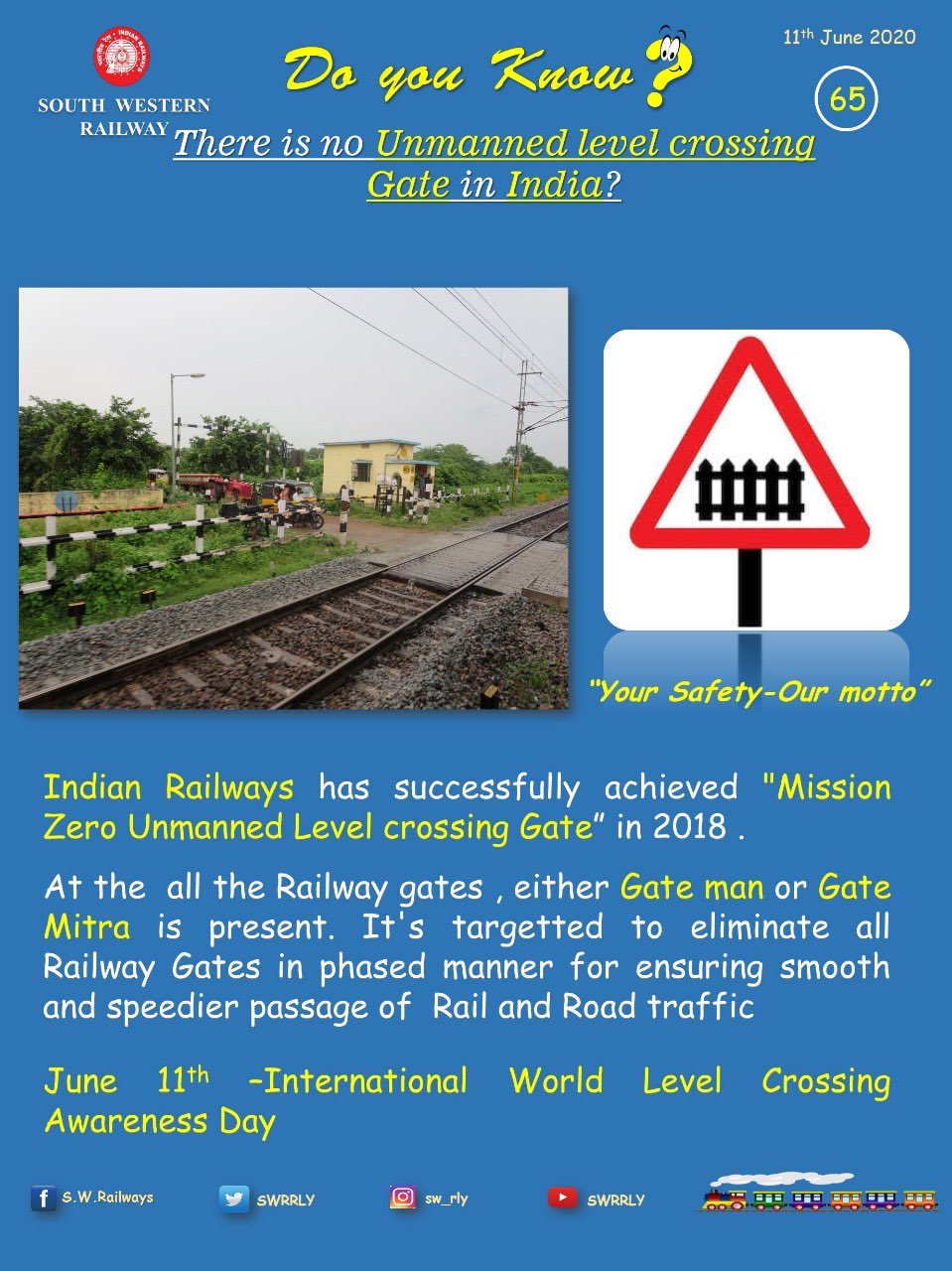 Drm Bengaluru Indian Railways Has Successfully Achieved Mission Zero Unmanned Level Crossing Gate In 18 Unmanned Level Crossings Had Many Accidents In Previous Year And Their Elimination Has Helped Railways