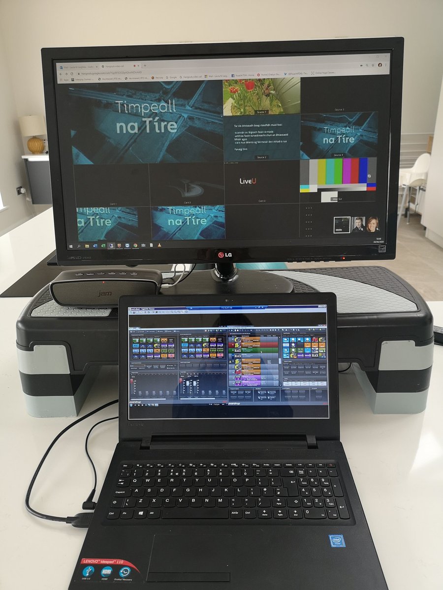 thisisleola's tweet photo. Finally found a use for that fitness step! Remotely controlling the studio 100km away in Connemara from my kitchen in Co Clare. Weekly news round up show broadcast on TG4.  #workingfromhome #COVID19 #news #nuacht #broadcast #Television https://t.co/vmBsOzTQqP