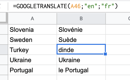 La fonction =GOOGLETRANSLATE de Google Sheets est hyper pratique.

Mais faut penser à vérifier.