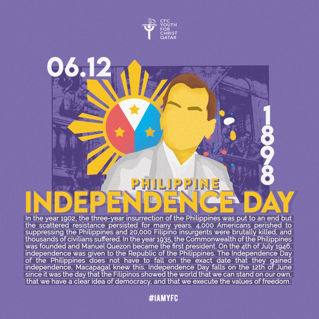cfcyfcqatar's tweet photo. Philippine Independence Day
June 12, 1898
Letβs continue to pray for each country's peace, and may humility and love reign in the hearts of our government leaders.
Happy Independence Day!
#iamYFC https://t.co/7dRUwt9tYH